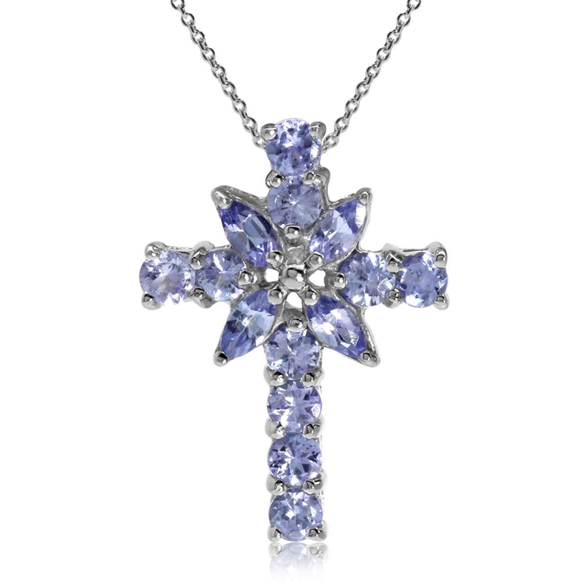 1.1ct. Genuine Tanzanite White Gold Plated 925 Sterling Silver Cross Pendant with 18 Inch Chain Necklace