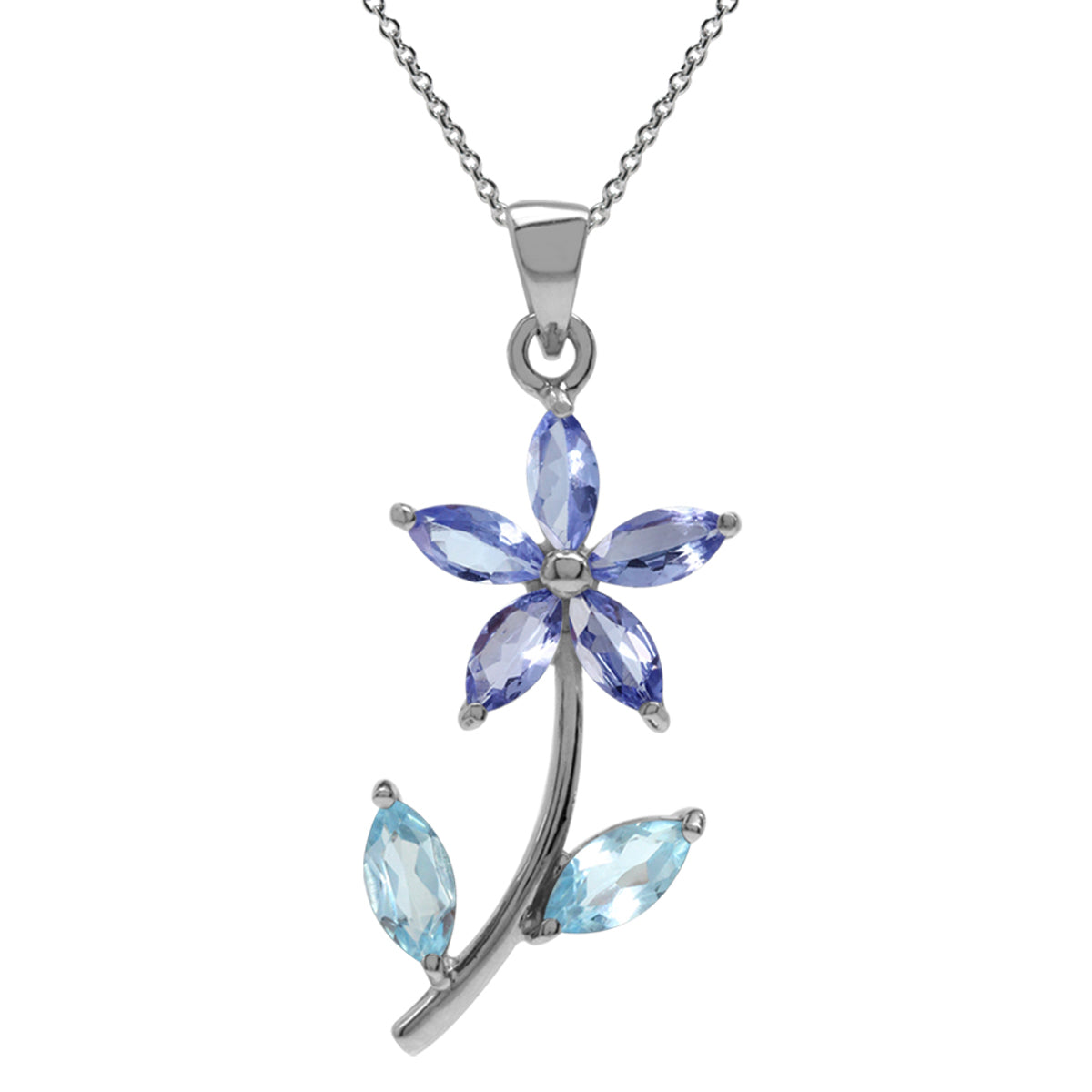 Genuine Tanzanite & Blue Topaz 925 Sterling Silver Flower Leaf Pendant w/ 18 Inch Chain Necklace silvershake