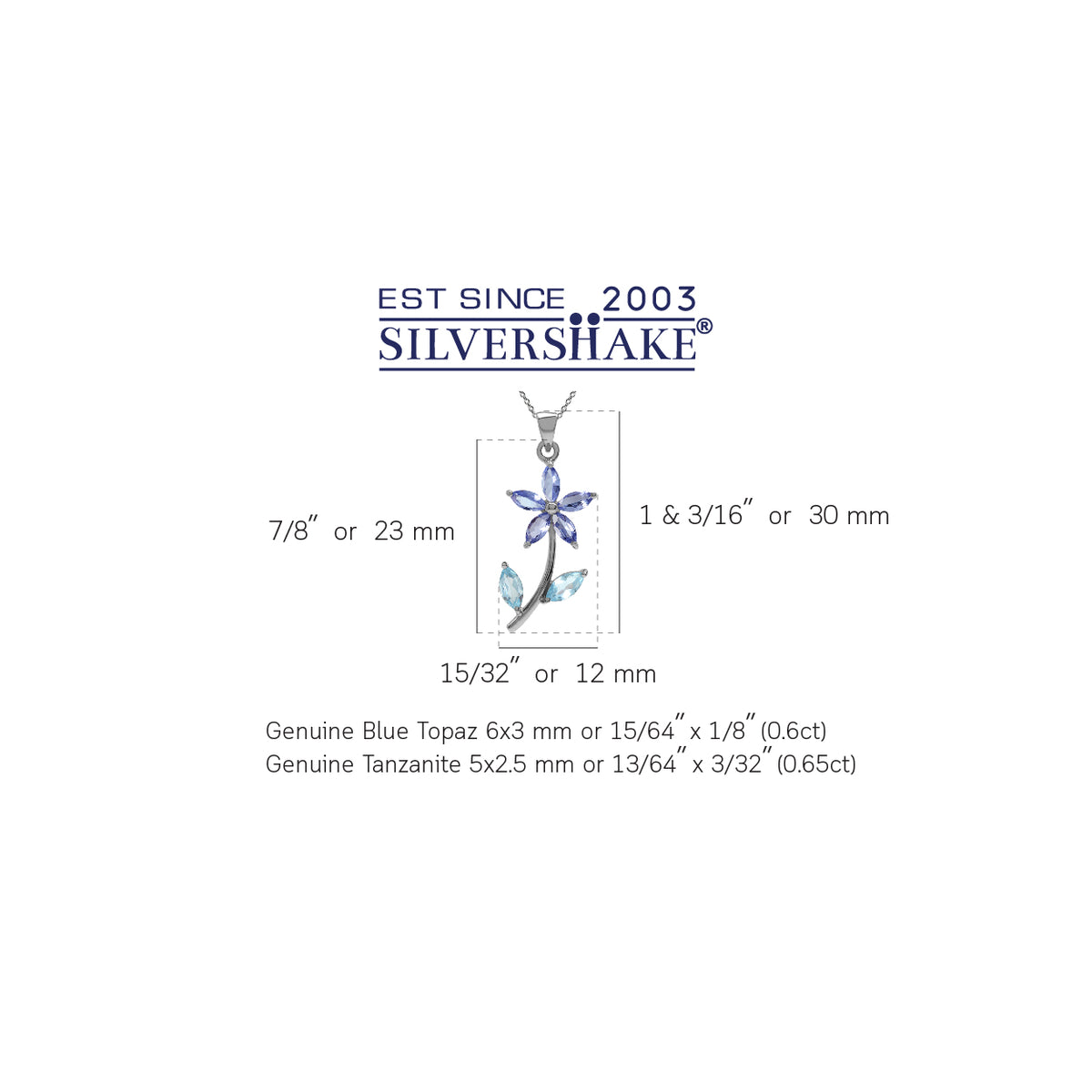 Genuine Tanzanite & Blue Topaz 925 Sterling Silver Flower Leaf Pendant w/ 18 Inch Chain Necklace silvershake