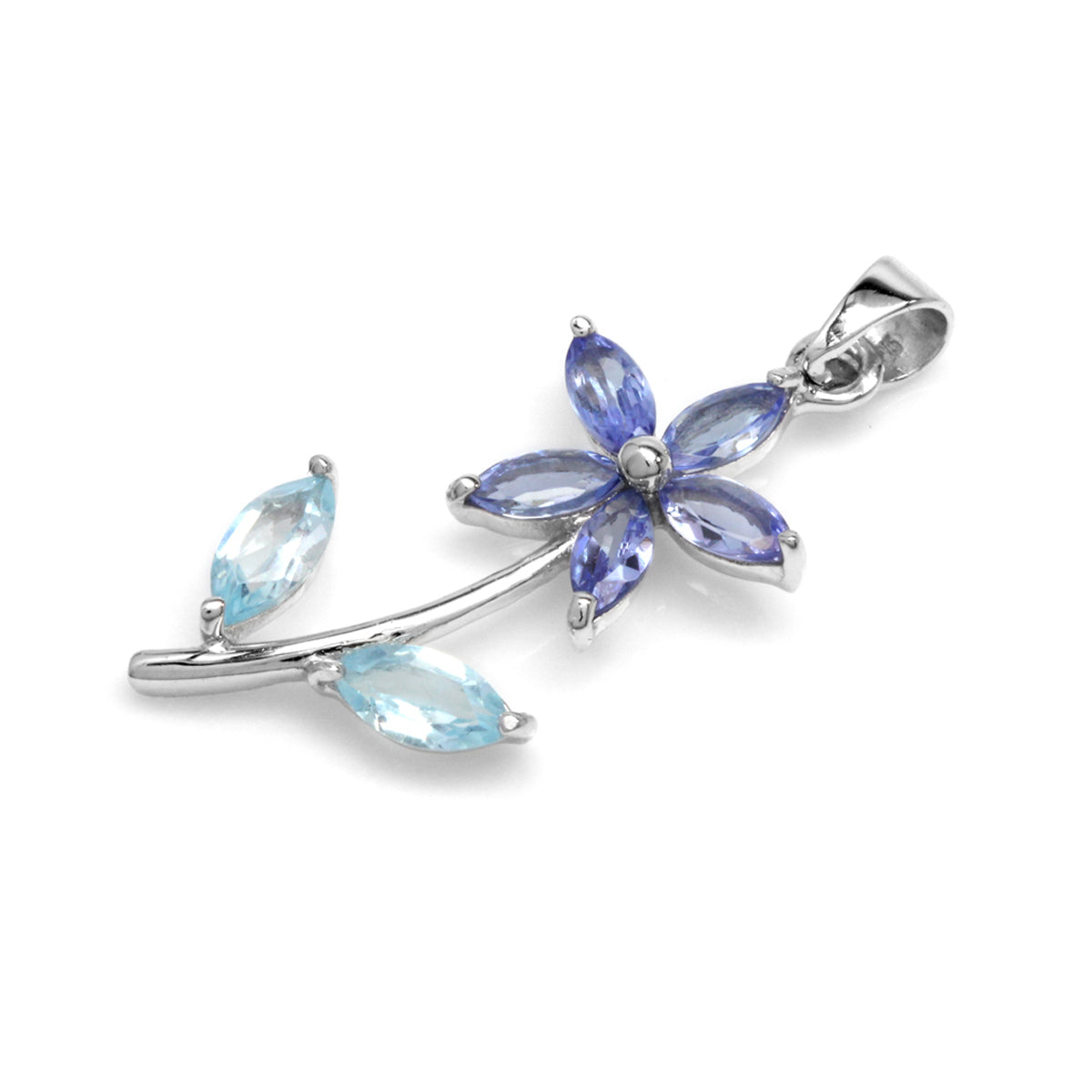 Genuine Tanzanite & Blue Topaz 925 Sterling Silver Flower Leaf Pendant w/ 18 Inch Chain Necklace silvershake