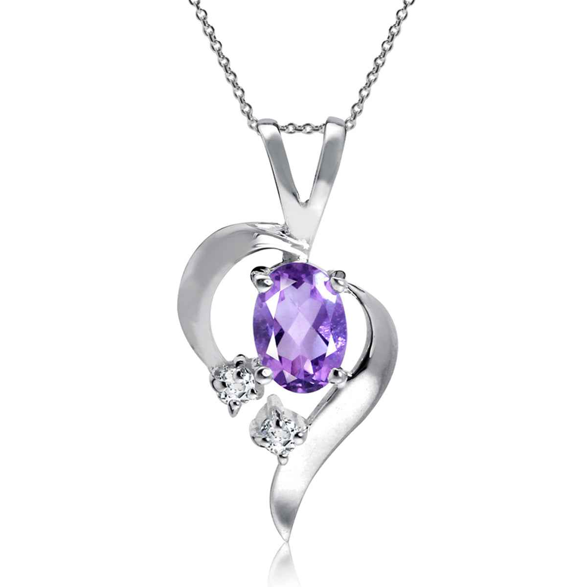 Natural Amethyst and White Topaz 925 Sterling Silver Modern Heart Pendant with 18 Inch Chain Necklace