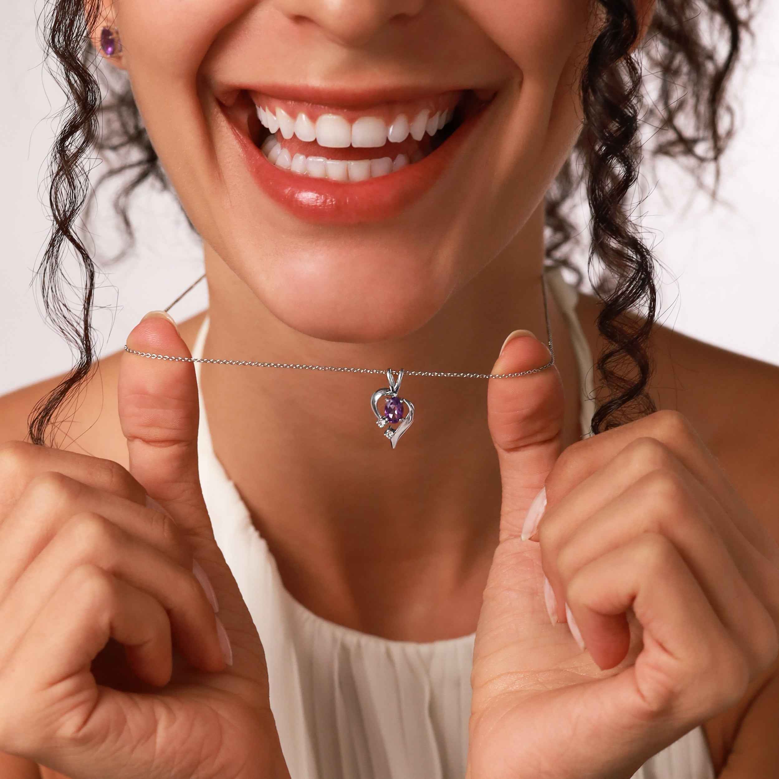 Natural Amethyst and White Topaz 925 Sterling Silver Modern Heart Pendant with 18 Inch Chain Necklace