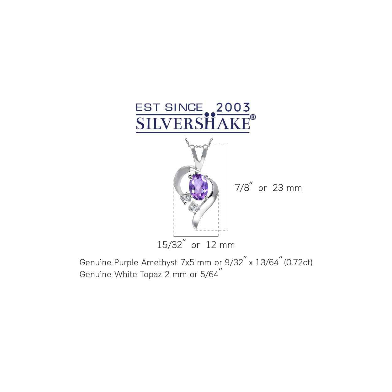 Natural Amethyst and White Topaz 925 Sterling Silver Modern Heart Pendant with 18 Inch Chain Necklace