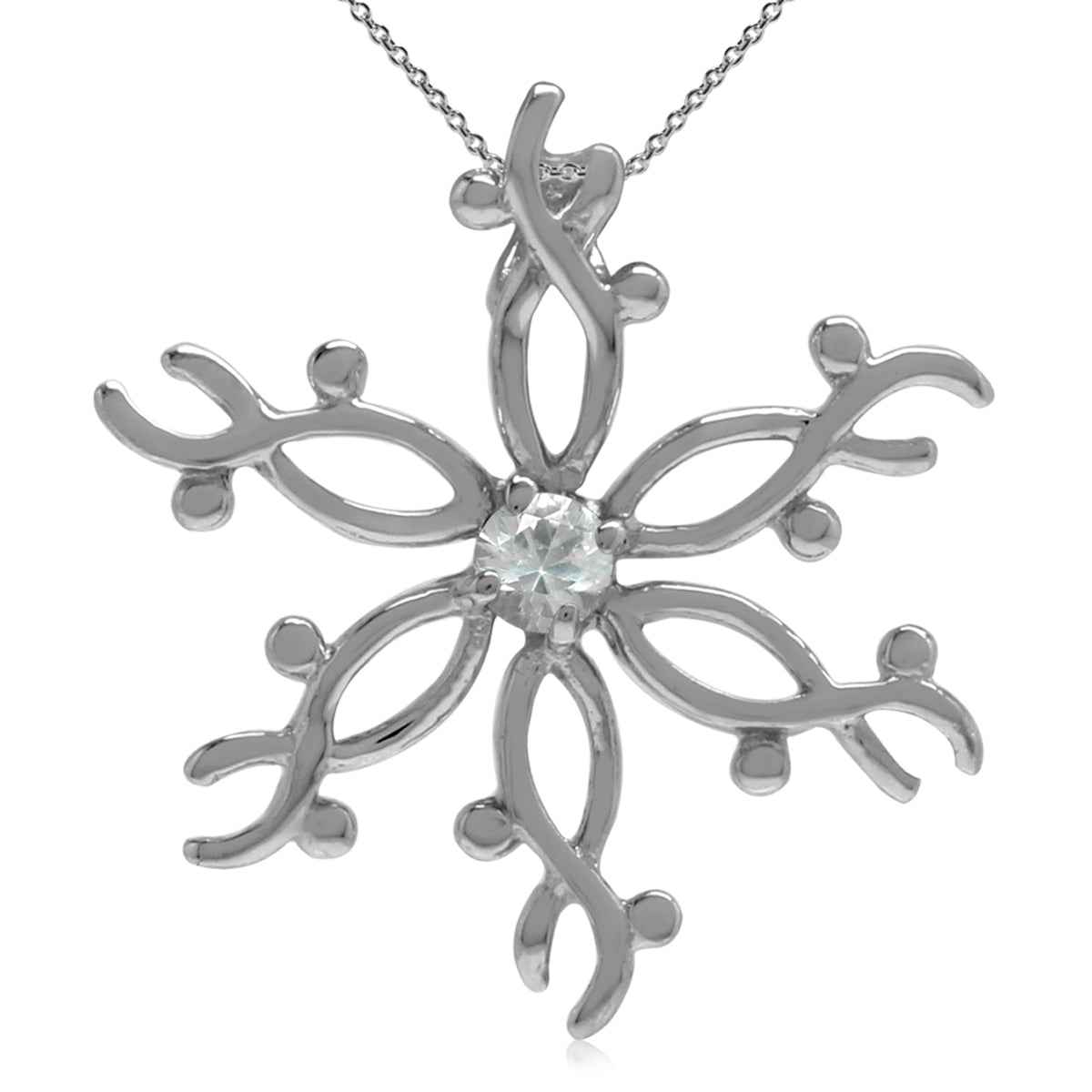 Natural White Sapphire 925 Sterling Silver Snowflake Pendant with 18 Inch Chain Necklace