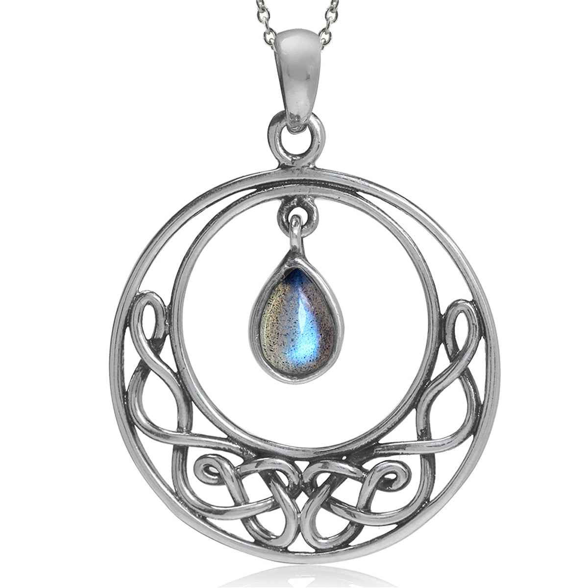 Natural Labradorite 925 Sterling Silver Celtic Knot Drop Dangle Pendant with 18 Inch Chain Necklace