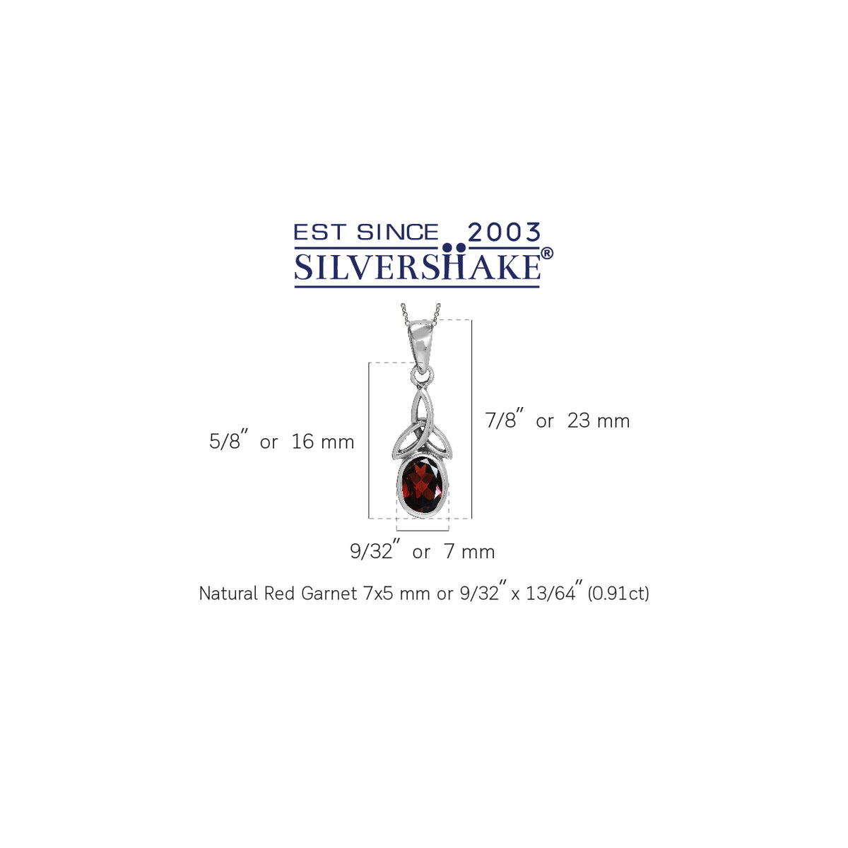 Natural Garnet 925 Sterling Silver Triquetra Celtic Knot Pendant w/ 18 Inch Chain Necklace silvershake