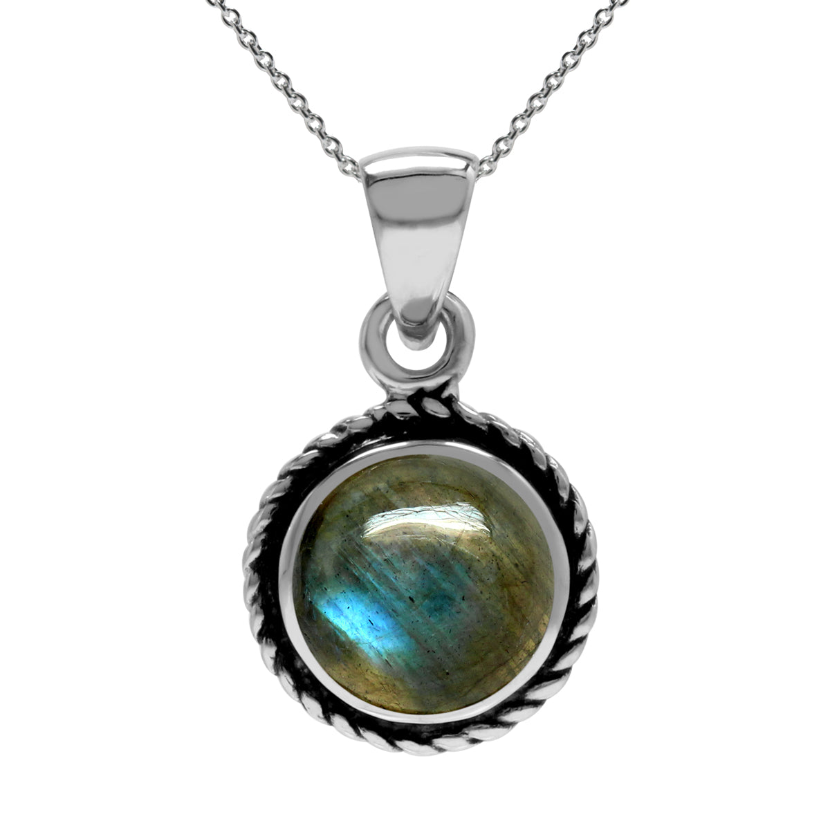 Natural Labradorite 925 Sterling Silver Rope Solitaire Pendant with 18 Inch Chain Necklace Jewelry silvershake