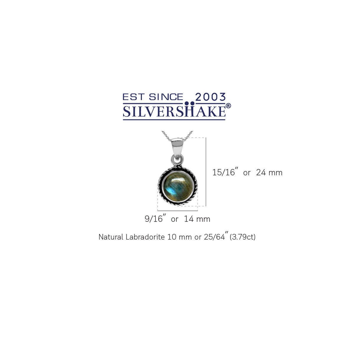 Natural Labradorite 925 Sterling Silver Rope Solitaire Pendant with 18 Inch Chain Necklace Jewelry silvershake