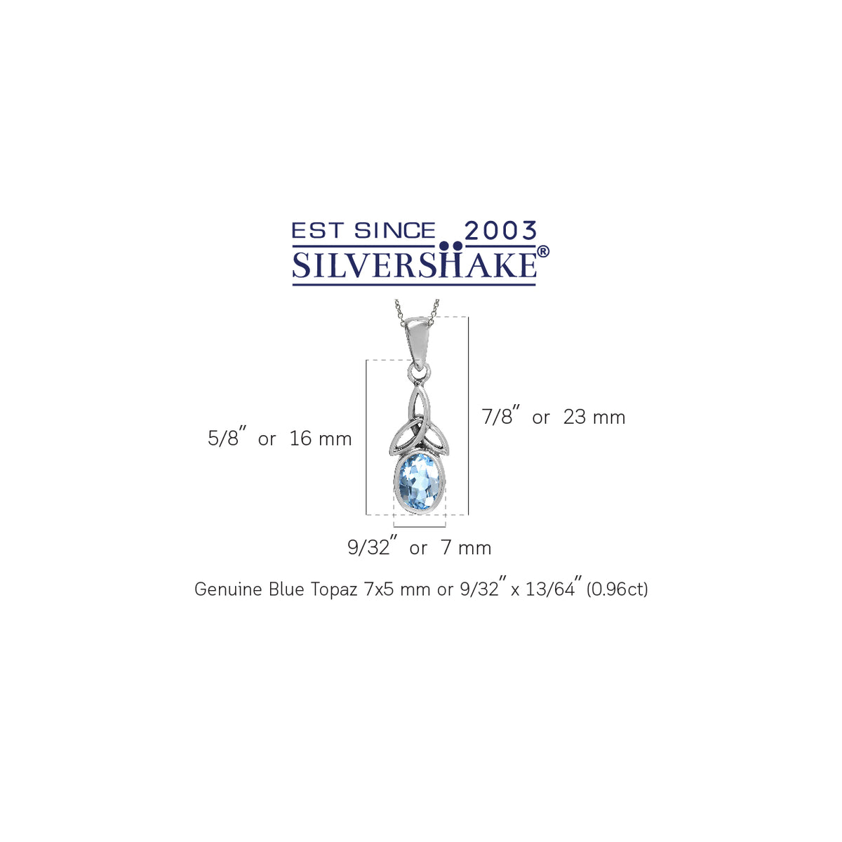 Genuine Blue Topaz 925 Sterling Silver Triquetra Celtic Knot Pendant w/ 18 Inch Chain Necklace silvershake