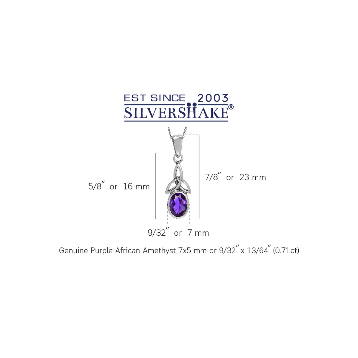 Natural African Amethyst 925 Sterling Silver Triquetra Celtic Knot Pendant w/ 18 Inch Chain Necklace silvershake