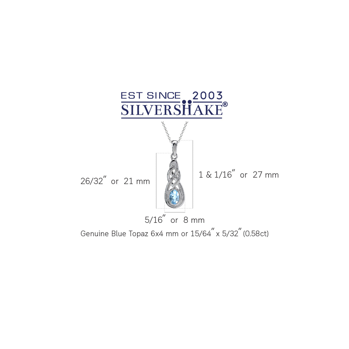 Genuine Blue Topaz 925 Sterling Silver Celtic Knot Pendant w/ 18 Inch Chain Necklace silvershake