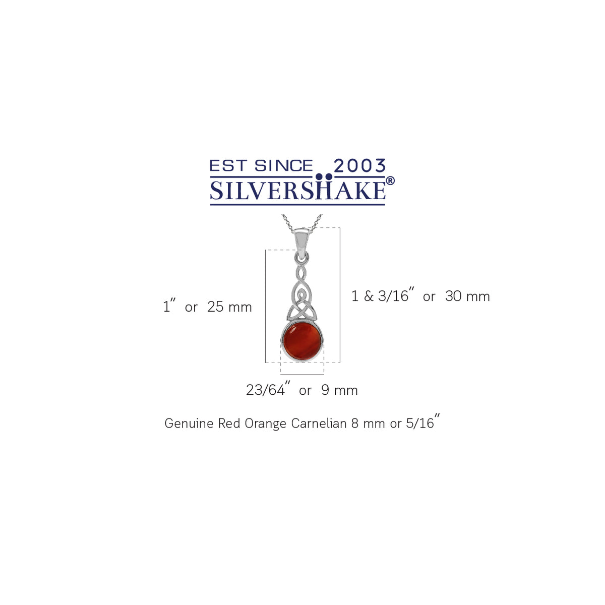 8MM Genuine Carnelian 925 Sterling Silver Triquetra Celtic Knot Pendant w/ 18 Inch Chain Necklace silvershake