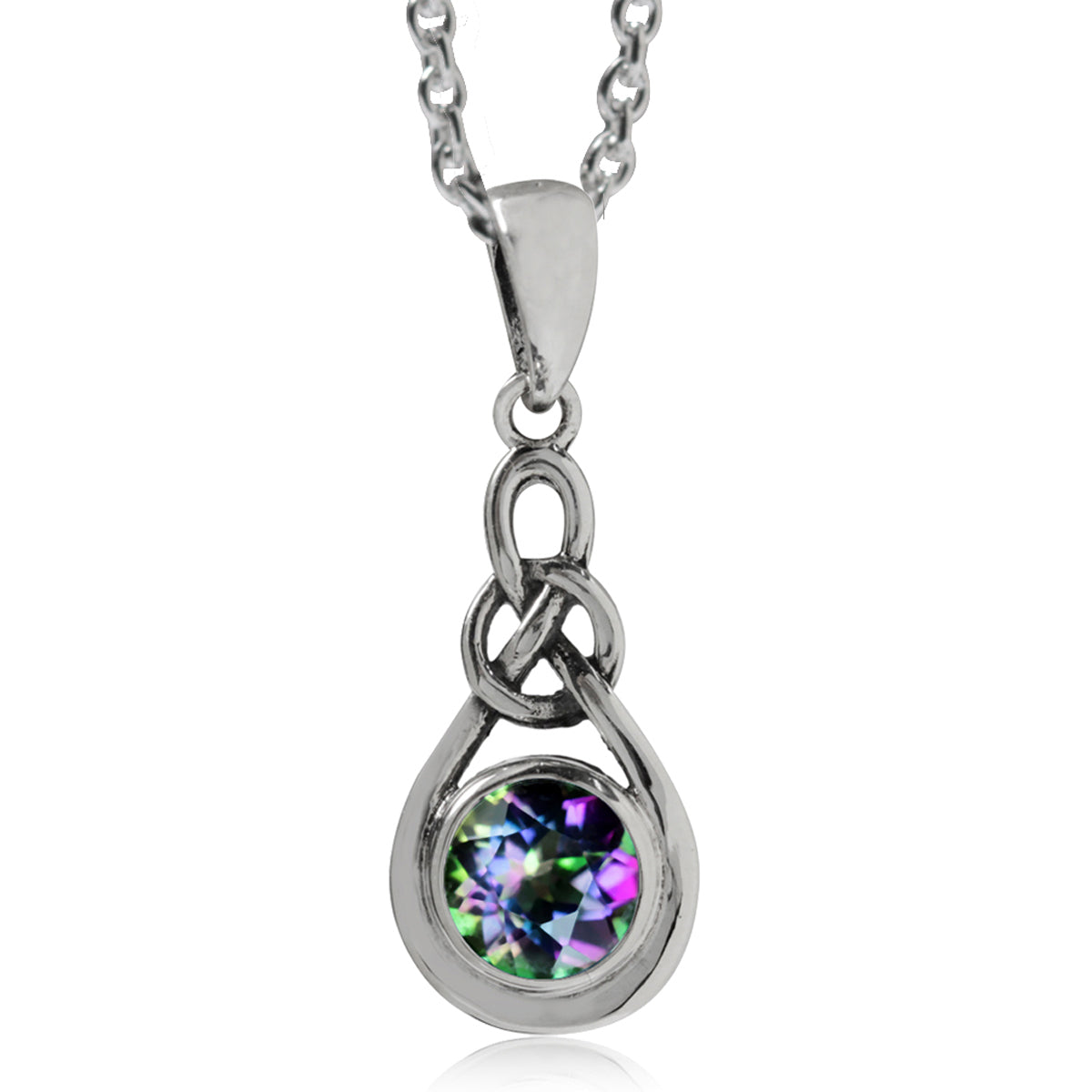 Mystic Fire Topaz 925 Sterling Silver Celtic Knot Drop Pendant w/ 18 Inch Chain Necklace silvershake