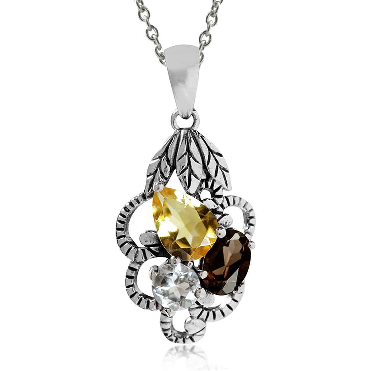 Natural Citrine Smoky Quartz and Topaz 925 Sterling Silver Vintage Pendant with 18 Inch Chain Necklace