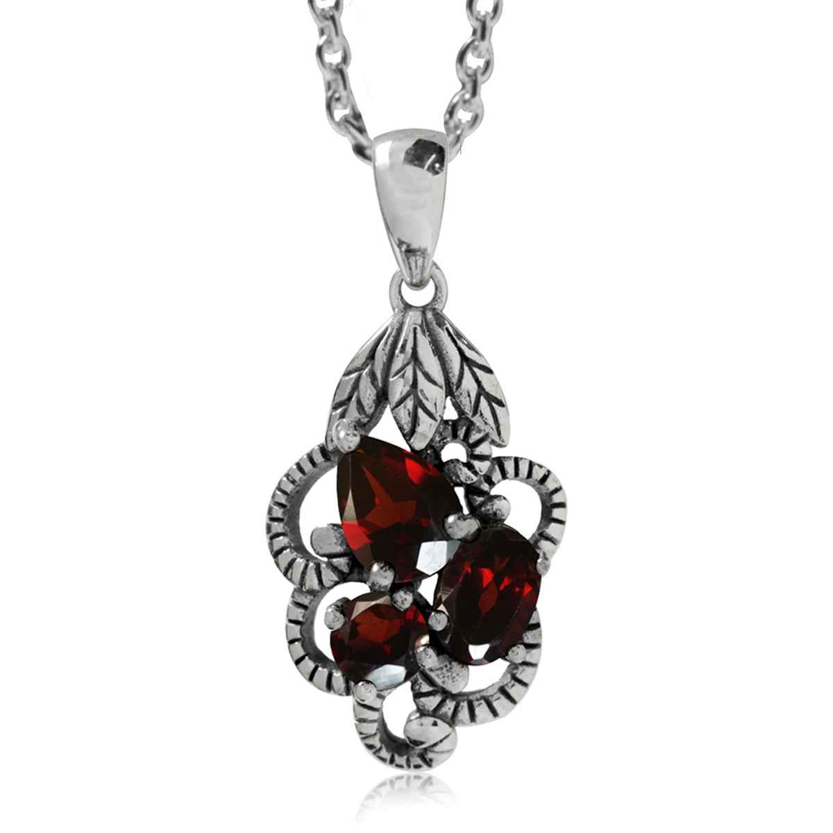 1.72ct. Natural Garnet 925 Sterling Silver Leaf Vintage Style Pendant with 18 Inch Chain Necklace