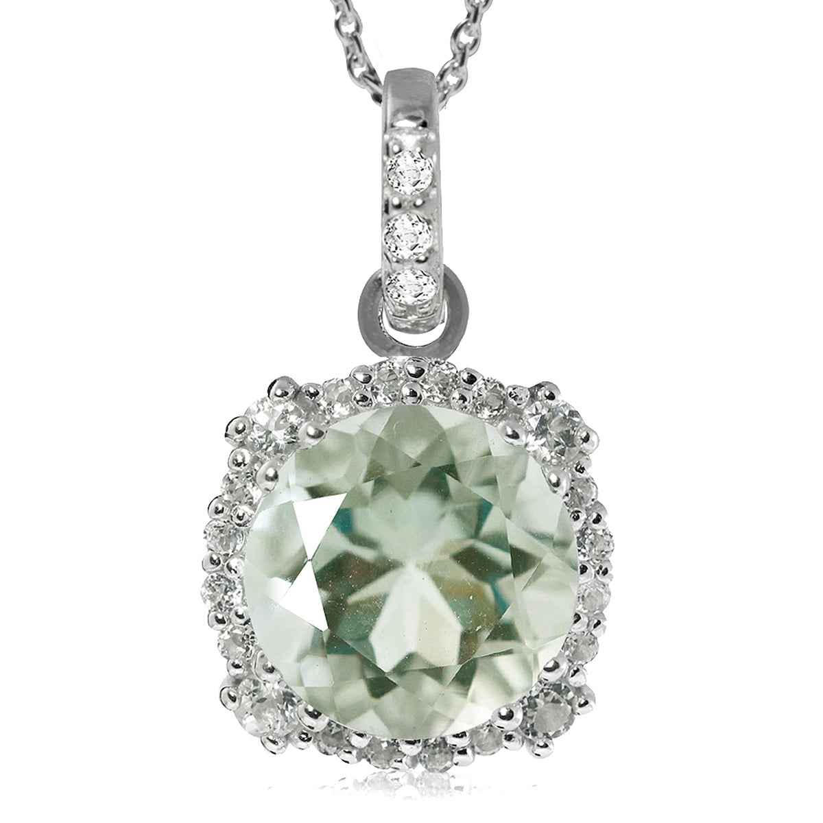 3.75ct. 10mm Natural Green Amethyst and White Topaz 925 Sterling Silver Pendant with 18 Inch Chain Necklace