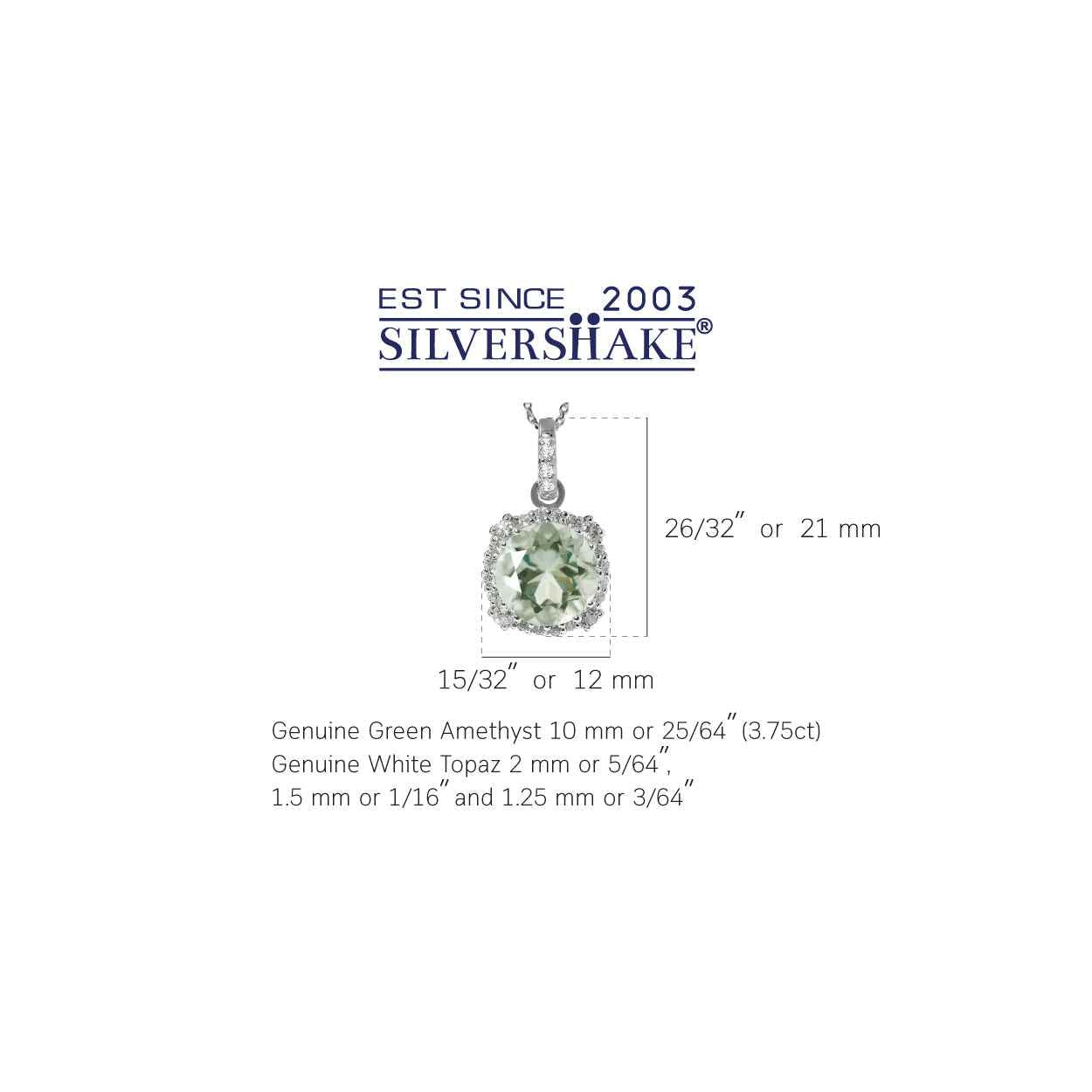 3.75ct. 10mm Natural Green Amethyst and White Topaz 925 Sterling Silver Pendant with 18 Inch Chain Necklace