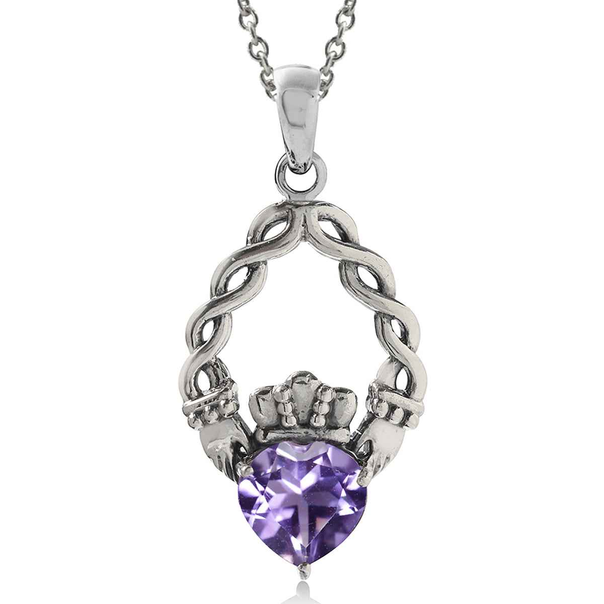 1.04ct. Natural Heart Shape Amethyst 925 Sterling Silver Claddagh Pendant with 18 Inch Chain Necklace