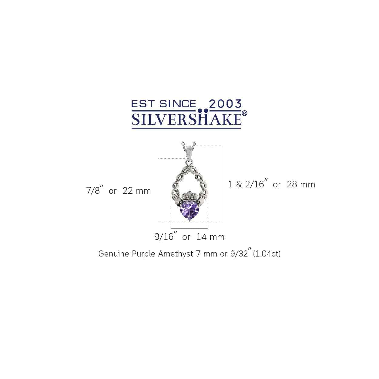 1.04ct. Natural Heart Shape Amethyst 925 Sterling Silver Claddagh Pendant with 18 Inch Chain Necklace