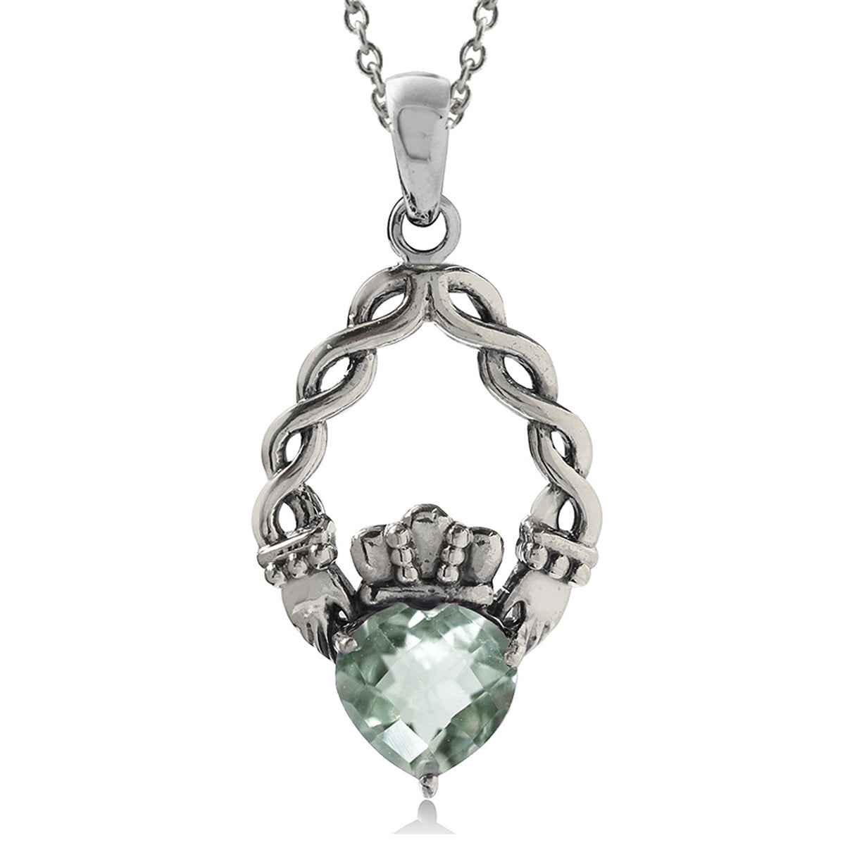 1.19ct. Natural Green Amethyst 925 Sterling Silver Claddagh Pendant with 18 Inch Chain Necklace