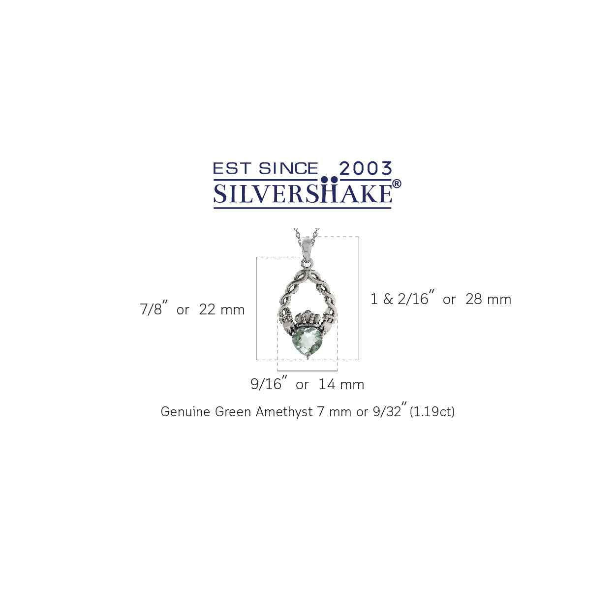 1.19ct. Natural Green Amethyst 925 Sterling Silver Claddagh Pendant with 18 Inch Chain Necklace