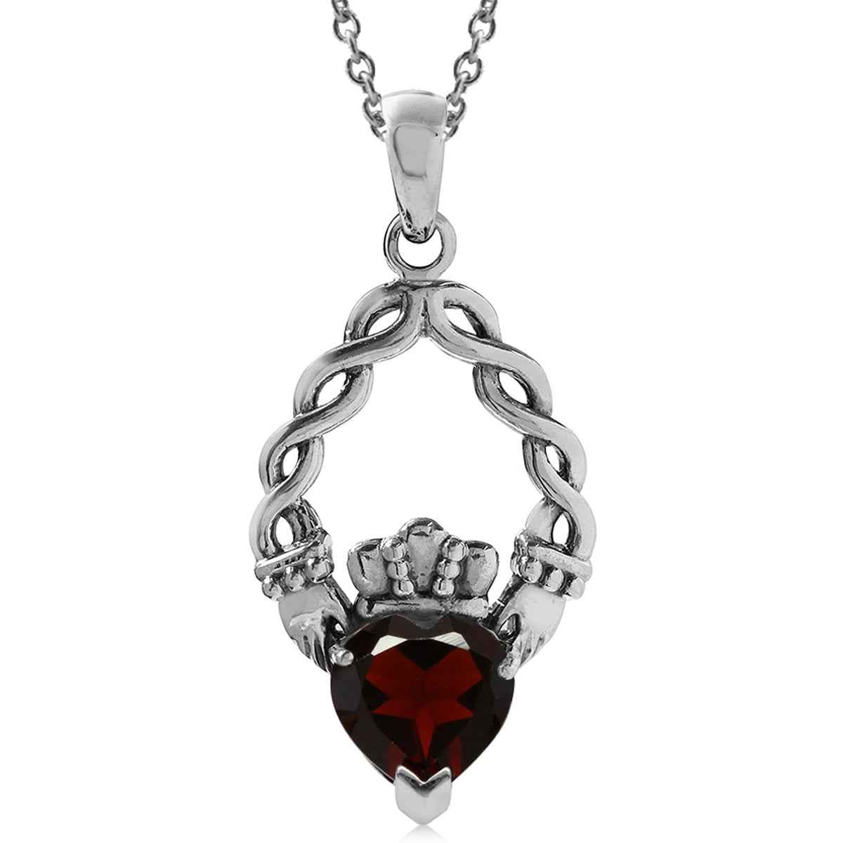 1.38ct. Natural Heart Shape Garnet 925 Sterling Silver Claddagh Pendant with 18 Inch Chain Necklace
