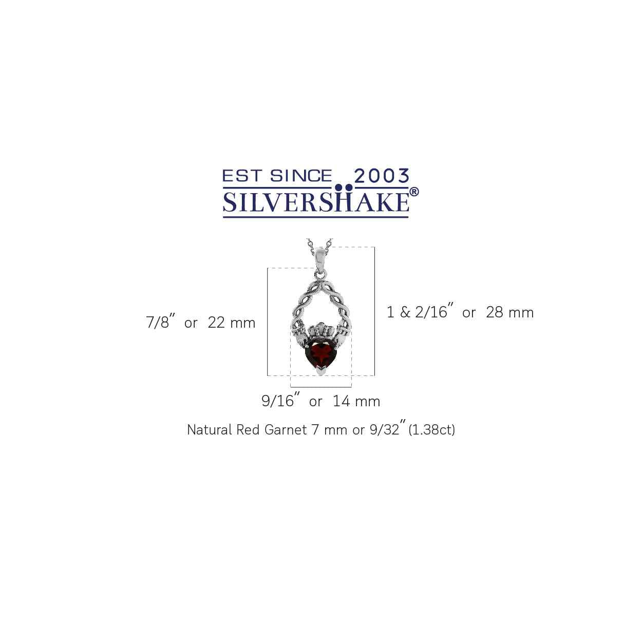 1.38ct. Natural Heart Shape Garnet 925 Sterling Silver Claddagh Pendant with 18 Inch Chain Necklace