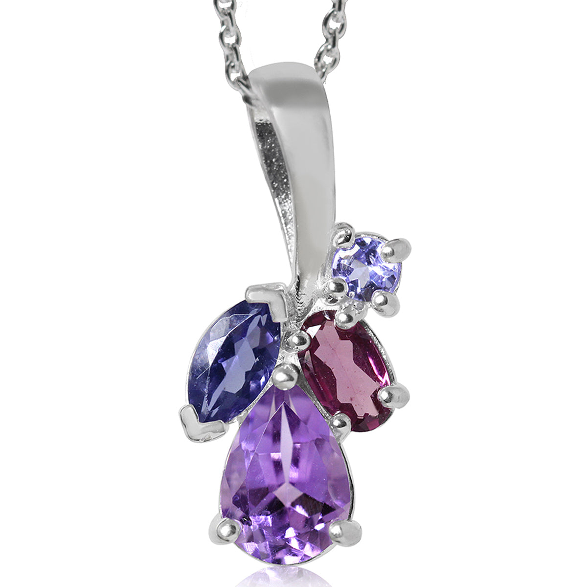 Natural Amethyst, Iolite, Rhodolite Garnet & Tanzanite 925 Sterling Silver Pendant w/ 18" Necklace silvershake