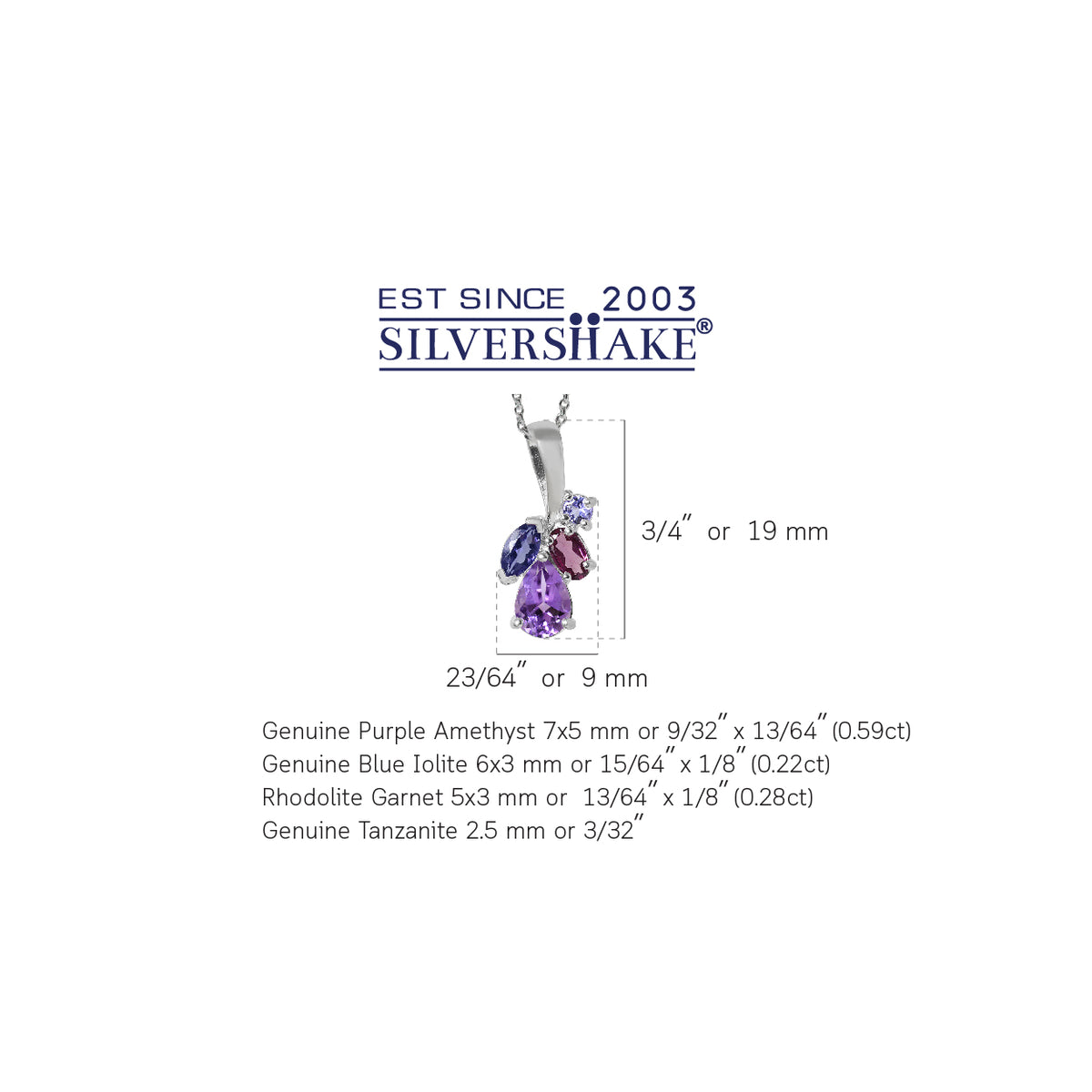 Natural Amethyst, Iolite, Rhodolite Garnet & Tanzanite 925 Sterling Silver Pendant w/ 18" Necklace silvershake