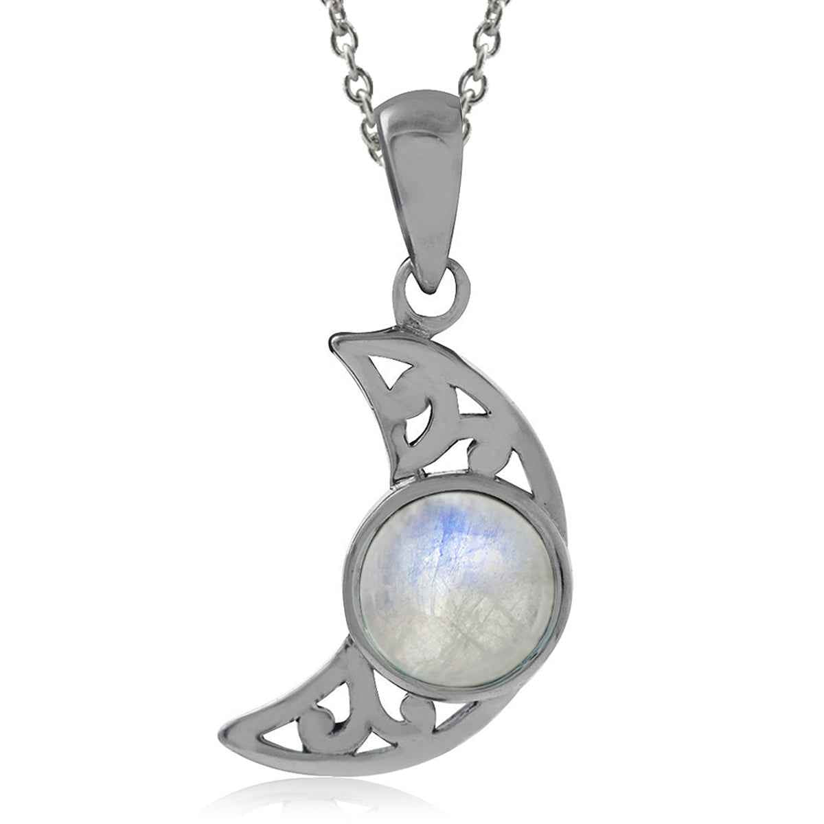 Natural Moonstone 925 Sterling Silver Filigree Crescent Moon Pendant with 18 Inch Chain Necklace
