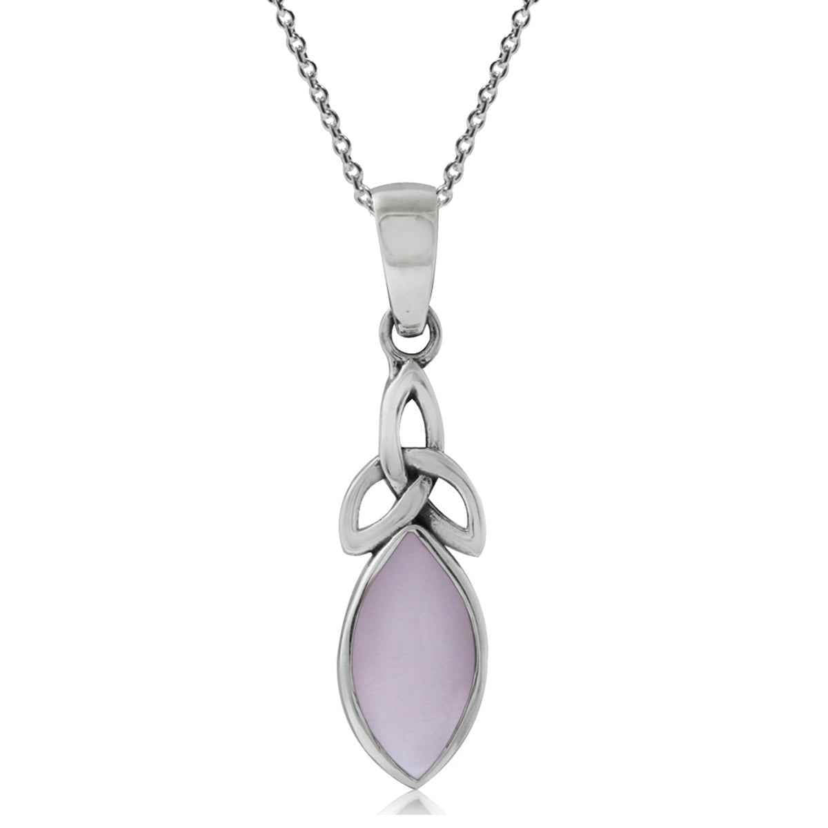 Pink Mother of Pearl 925 Sterling Silver Triquetra Celtic Knot Pendant with 18 Inch Chain Necklace