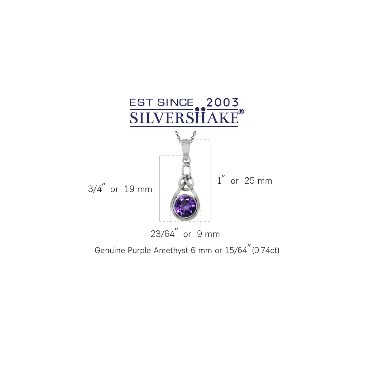 Genuine Amethyst 925 Sterling Silver Celtic Knot Pendant w/ 18" Chain Necklace silvershake