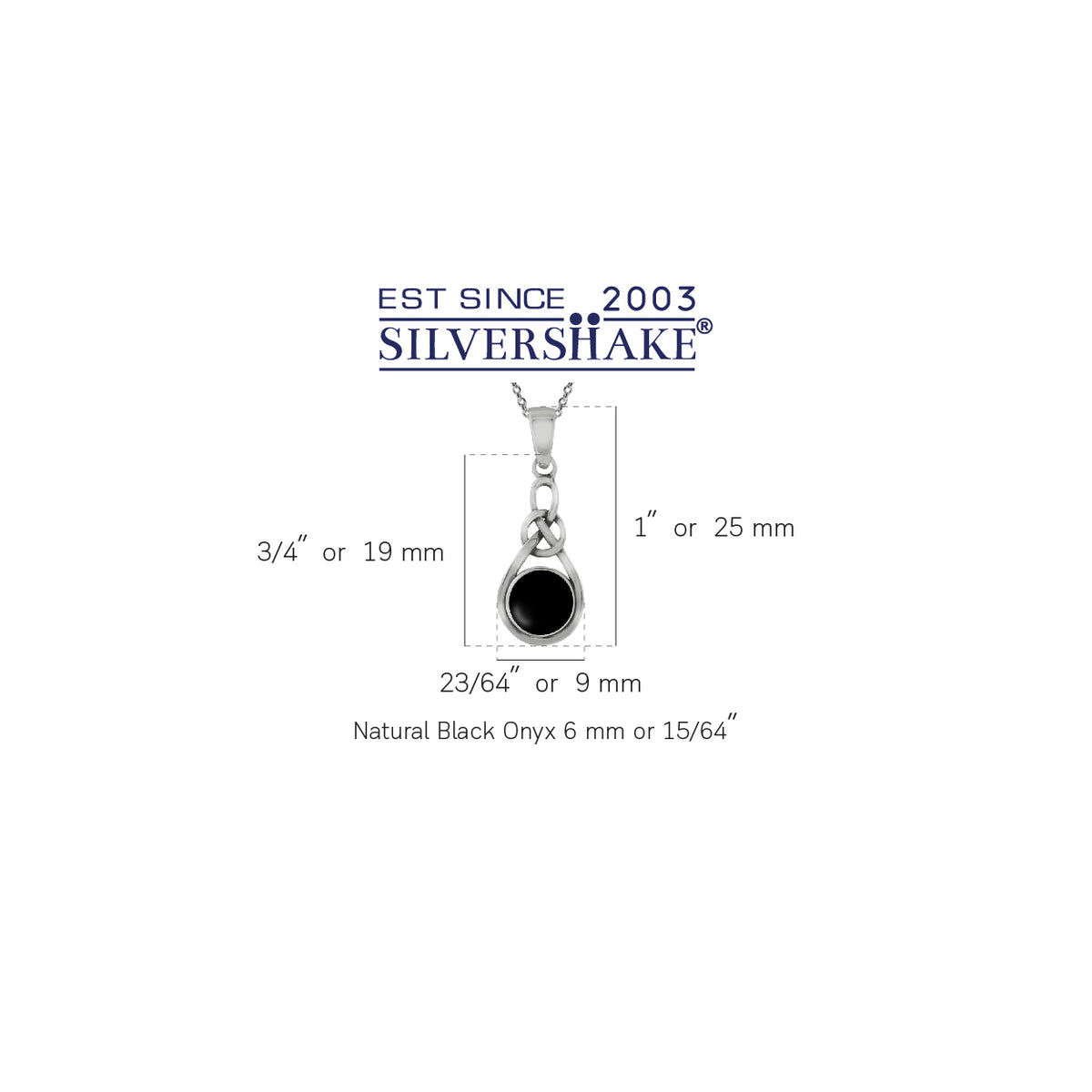 Created Black Onyx Inlay 925 Sterling Silver Celtic Knot Solitaire Pendant w/ 18 Inch Chain Necklace silvershake