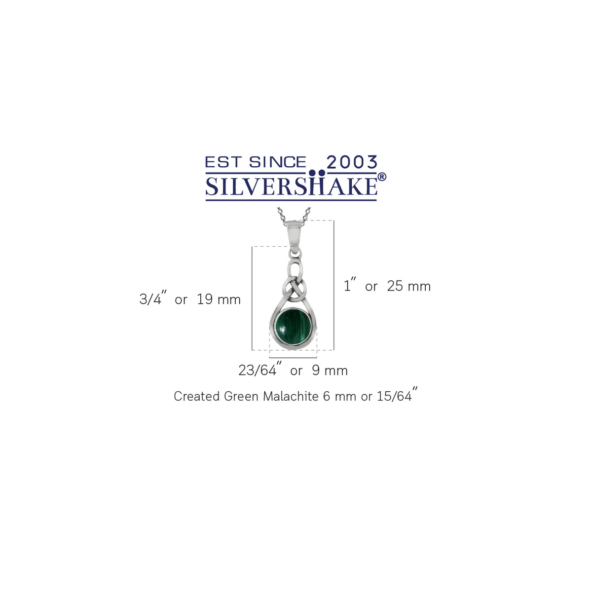 Created Malachite 925 Sterling Silver Celtic Knot Solitaire Pendant w/ 18 Inch Chain Necklace silvershake