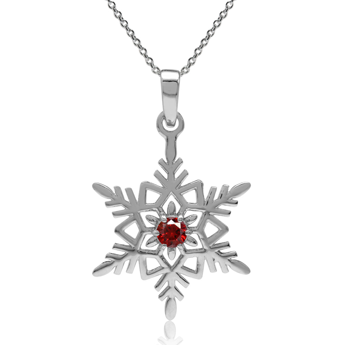 Garnet Red Cubic Zirconia 925 Sterling Silver Snowflake Pendant with 18 Inch Chain Necklace