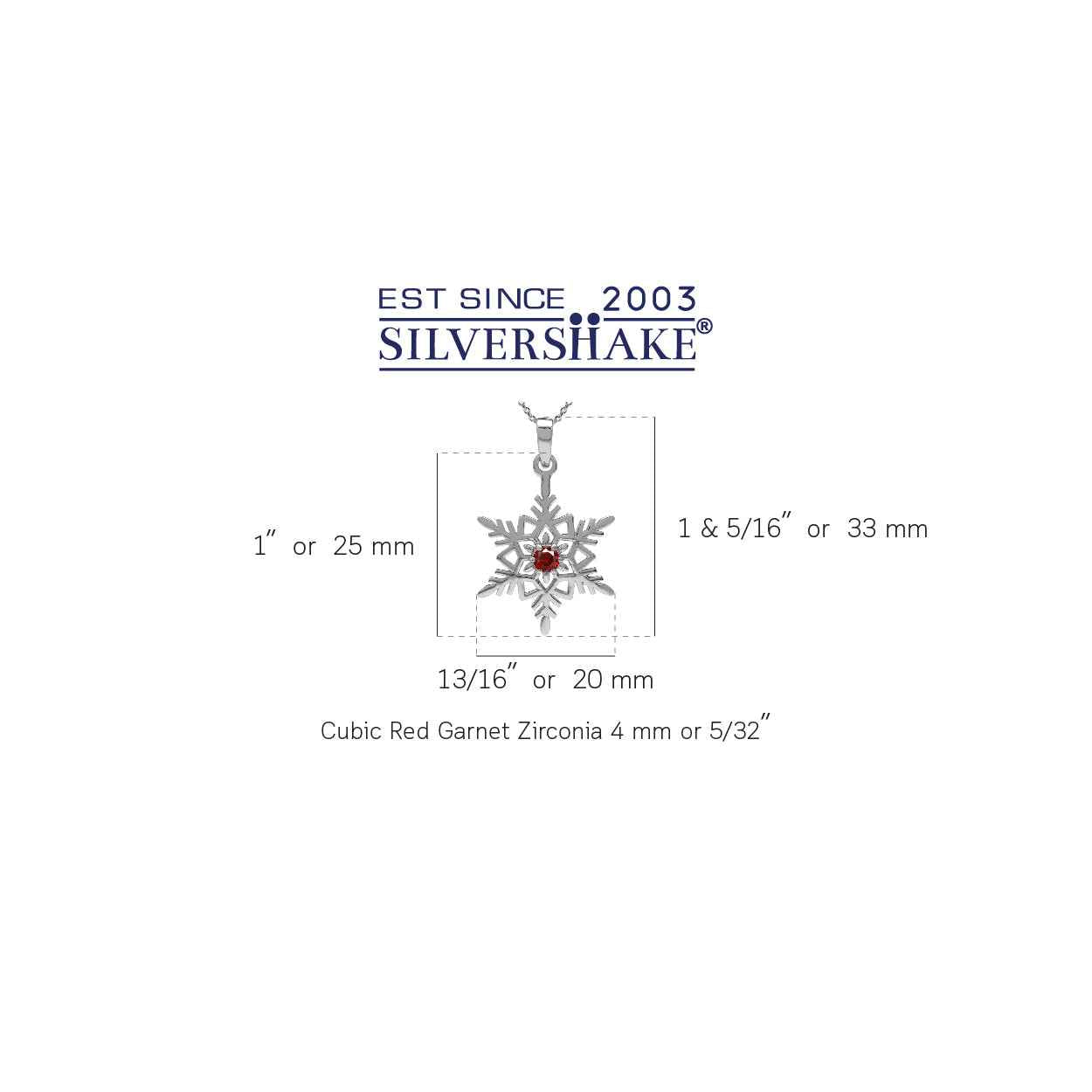 Garnet Red Cubic Zirconia 925 Sterling Silver Snowflake Pendant with 18 Inch Chain Necklace