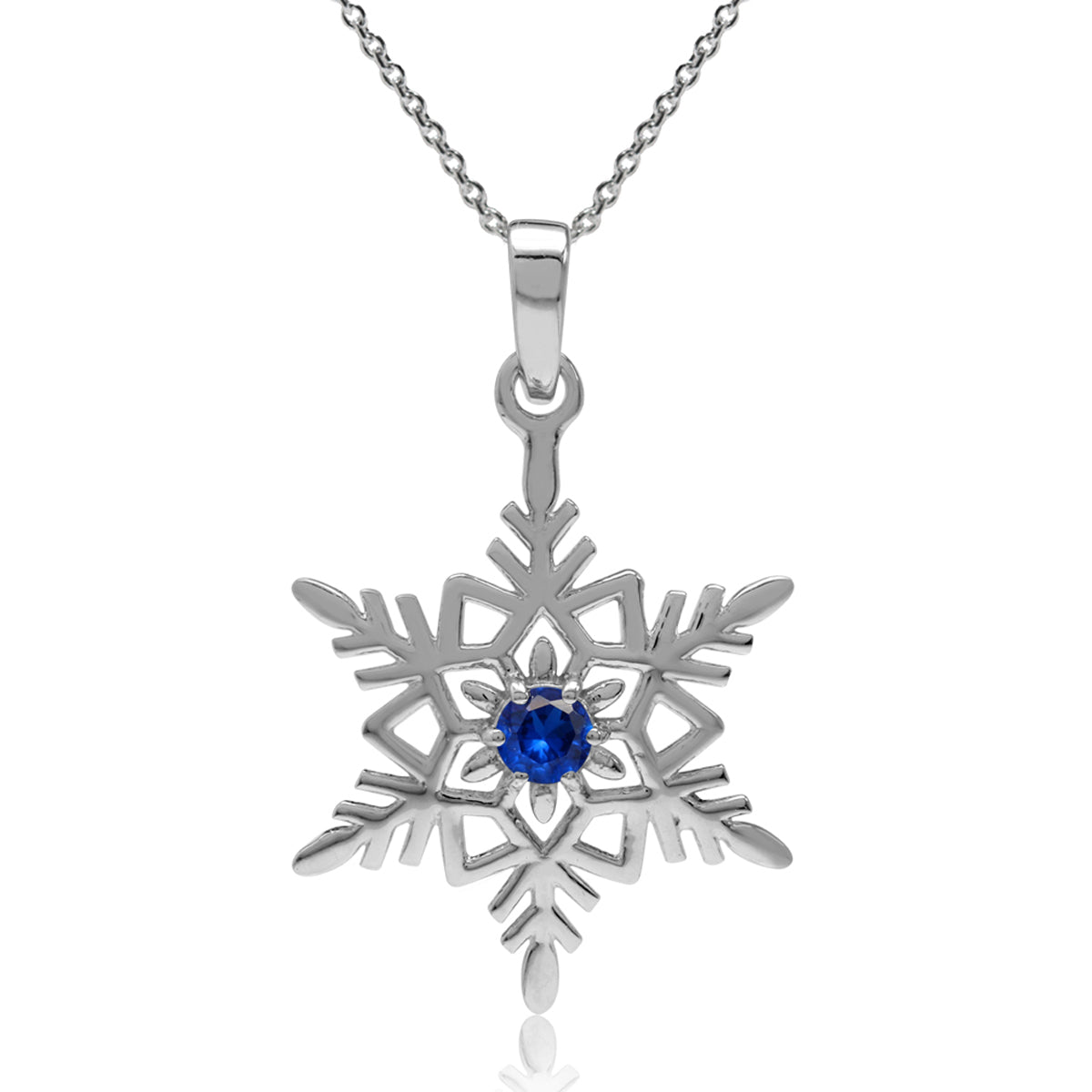 Sapphire Blue Cubic Zirconia 925 Sterling Silver Snowflake Pendant with 18 Inch Chain Necklace