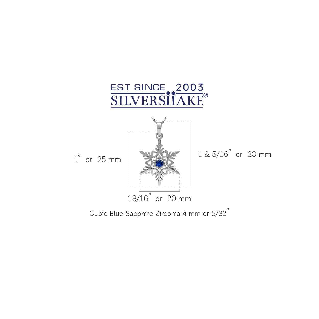 Sapphire Blue Cubic Zirconia 925 Sterling Silver Snowflake Pendant with 18 Inch Chain Necklace