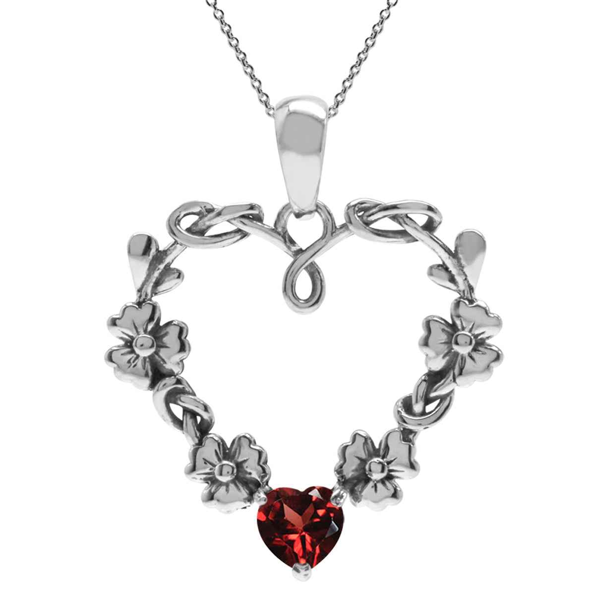 Natural Heart Shape Garnet 925 Sterling Silver Flower Pendant with 18 Inch Chain Necklace