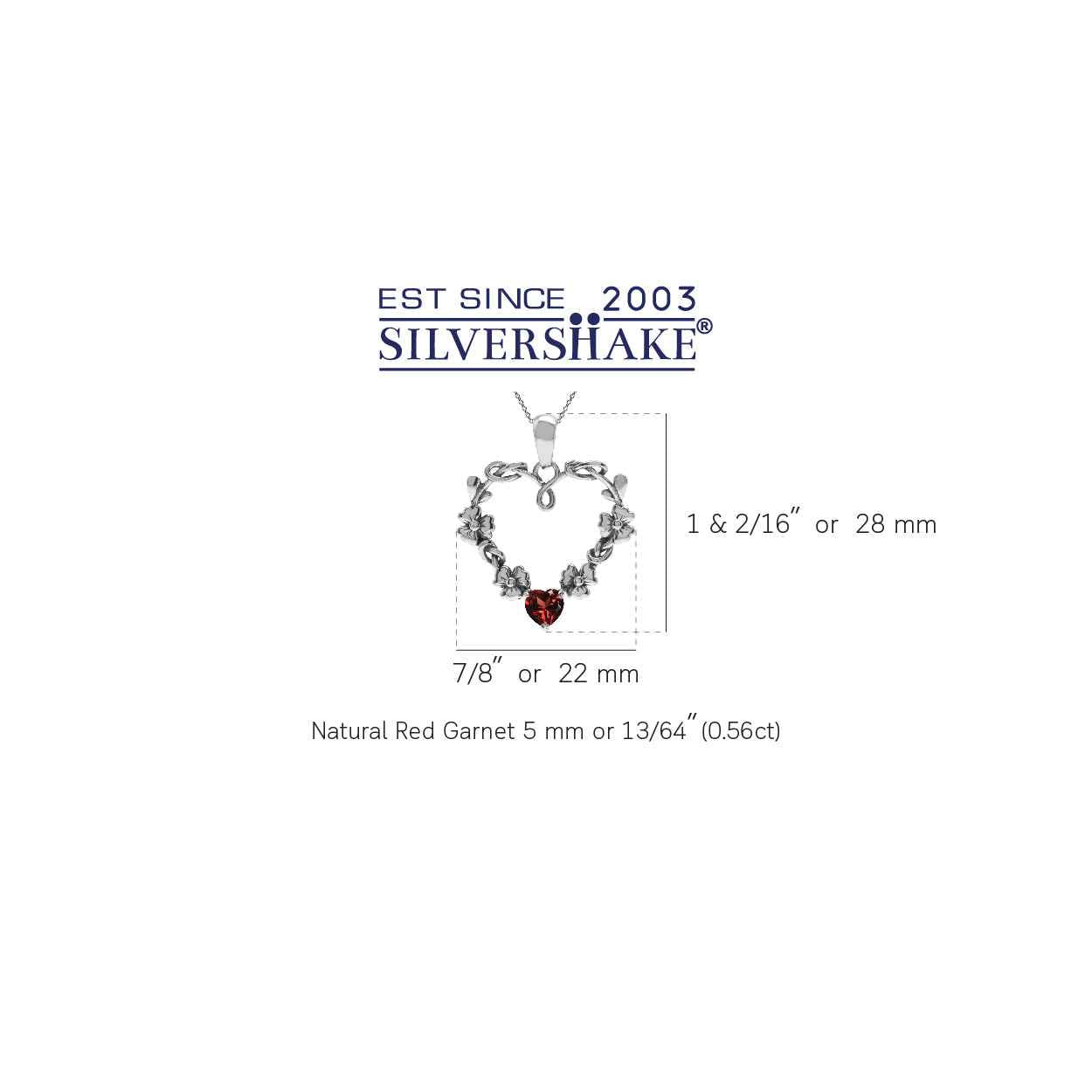 Natural Heart Shape Garnet 925 Sterling Silver Flower Pendant with 18 Inch Chain Necklace