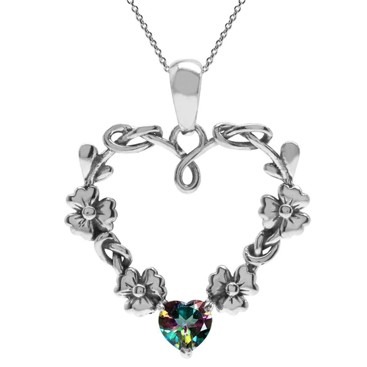 Heart Shape Mystic Fire Topaz 925 Sterling Silver Flower Pendant with 18 Inch Chain Necklace