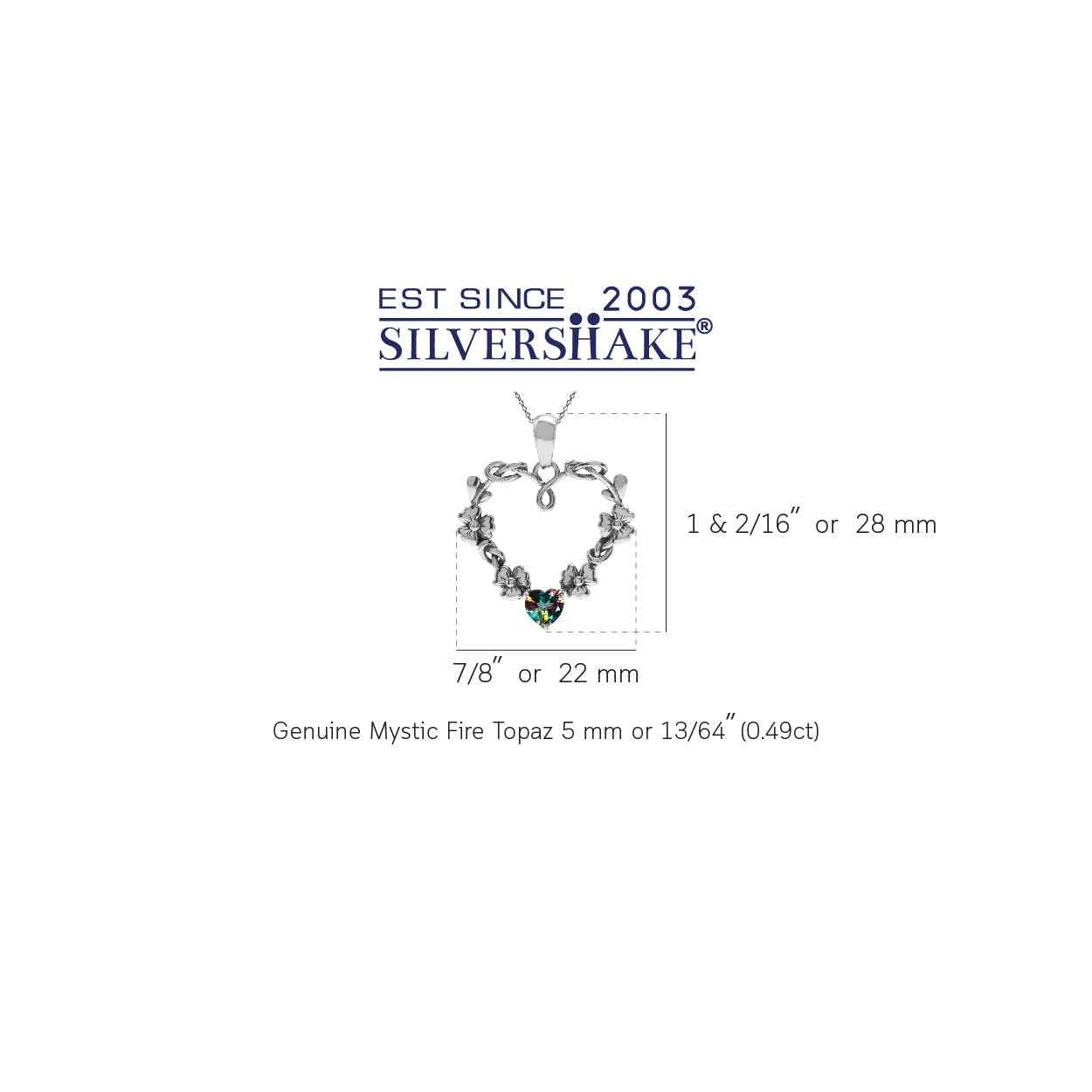 Heart Shape Mystic Fire Topaz 925 Sterling Silver Flower Pendant with 18 Inch Chain Necklace