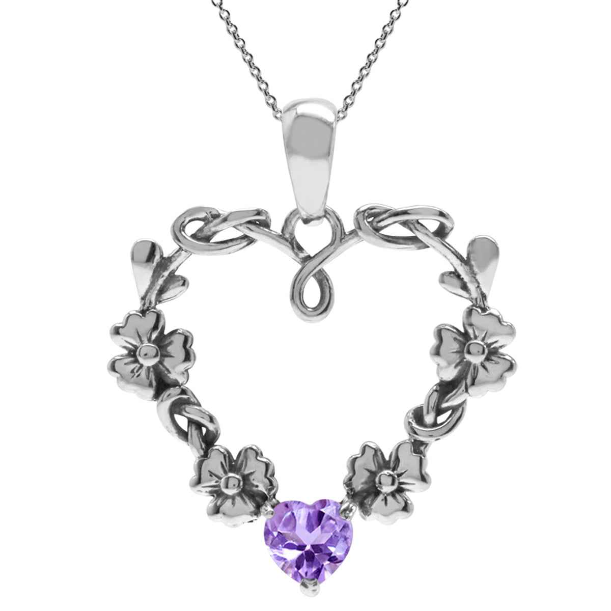 Natural Heart Shape Amethyst 925 Sterling Silver Flower Pendant with 18 Inch Chain Necklace