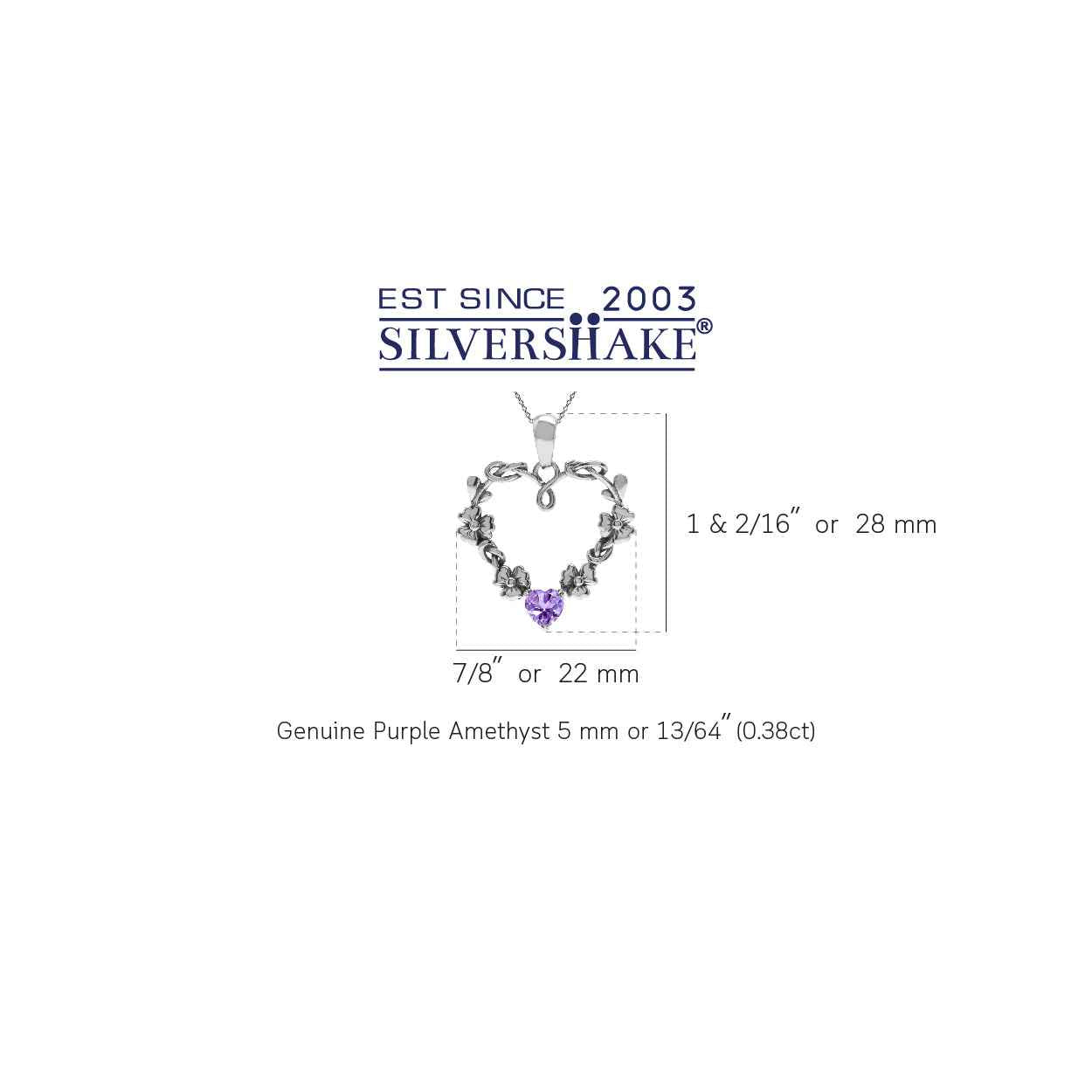 Natural Heart Shape Amethyst 925 Sterling Silver Flower Pendant with 18 Inch Chain Necklace