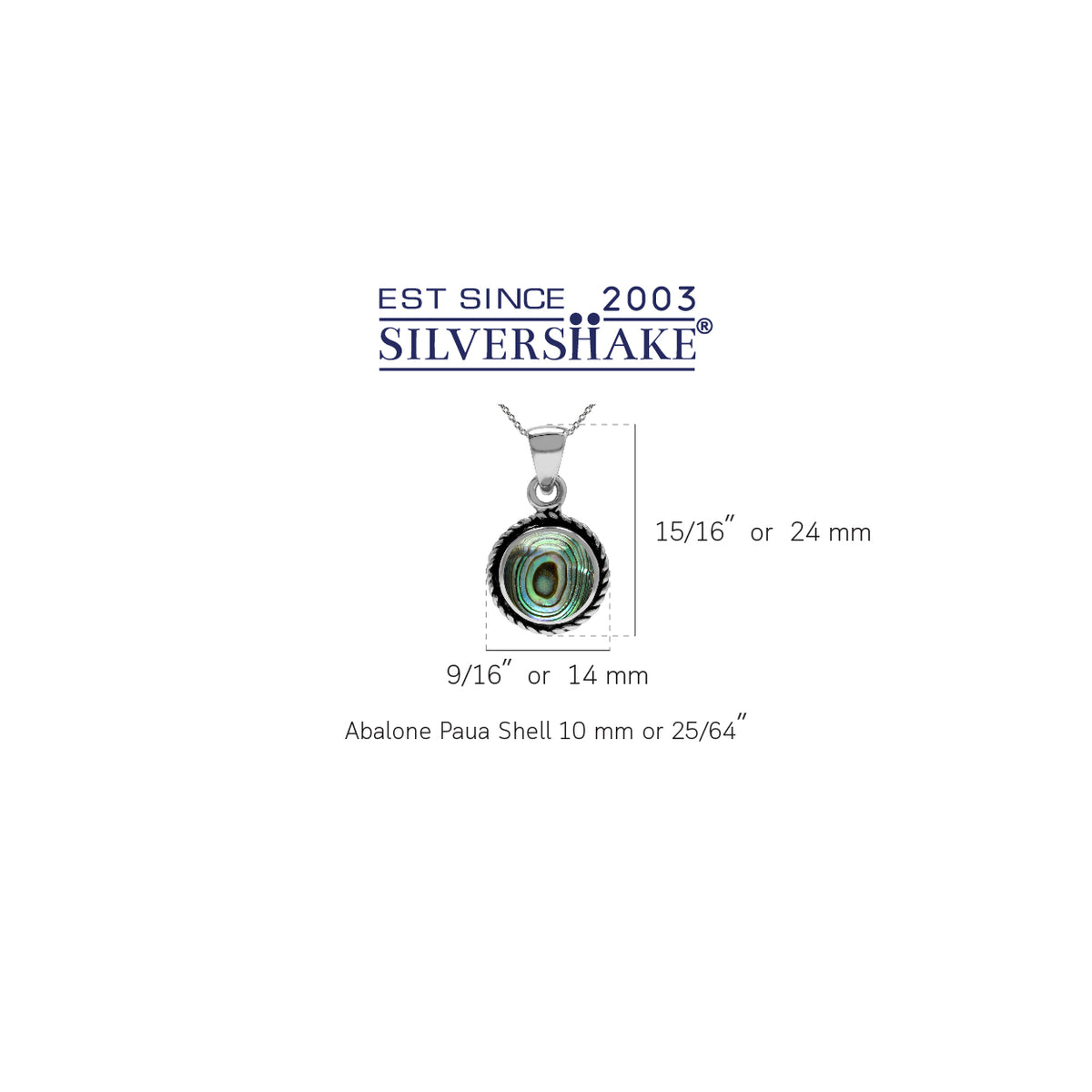 Abalone/Paua Shell Inlay 925 Sterling Silver Rope Solitaire Pendant w/ 18 Inch Chain Necklace silvershake