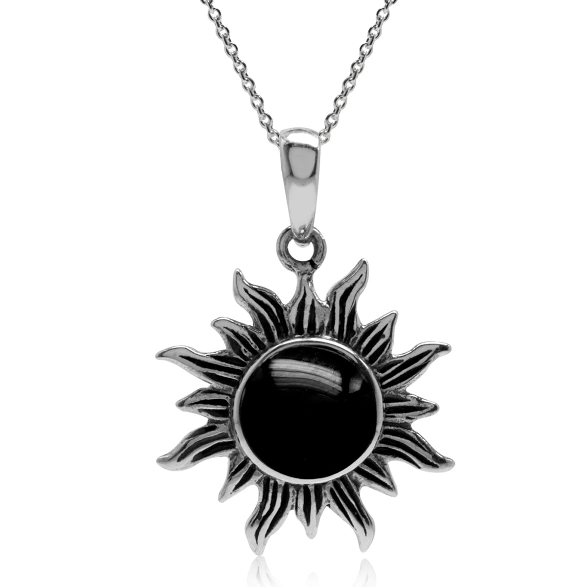 Created Onyx 925 Sterling Silver Sun Ray Inspired Pendant w/ 18" Chain Necklace silvershake