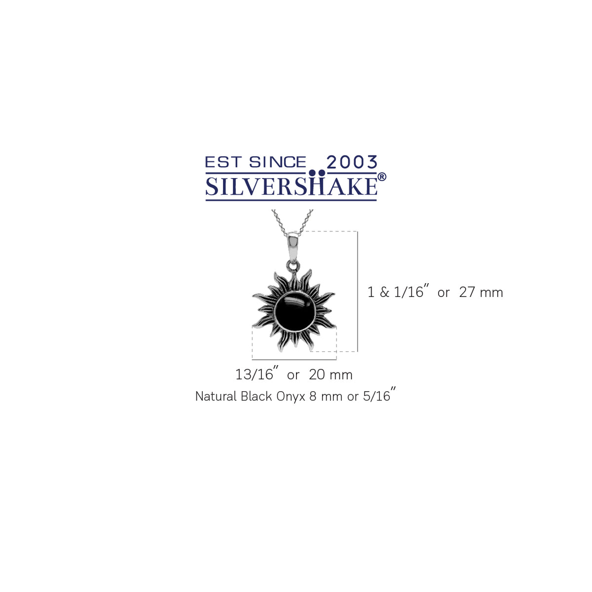 Created Onyx 925 Sterling Silver Sun Ray Inspired Pendant w/ 18" Chain Necklace silvershake