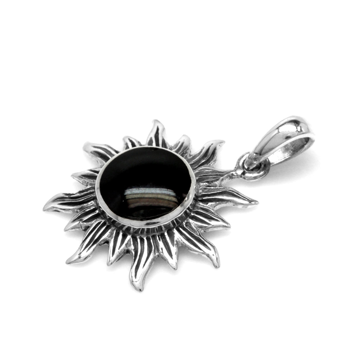 Created Onyx 925 Sterling Silver Sun Ray Inspired Pendant w/ 18" Chain Necklace silvershake