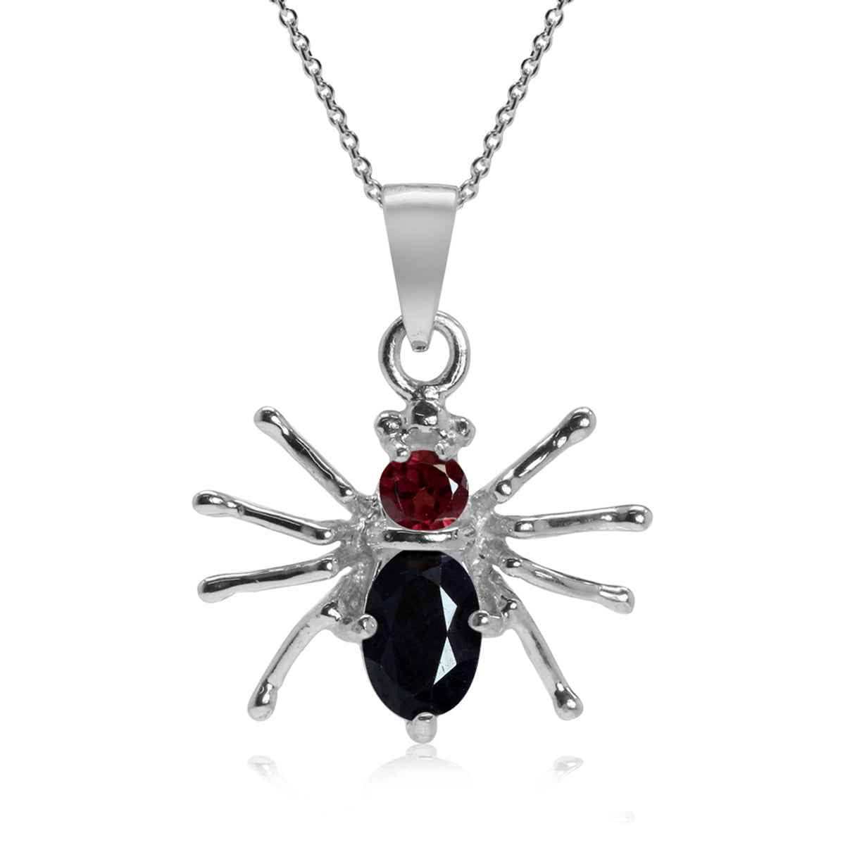 Petite Natural Black Sapphire and Rhodolite Garnet 925 Sterling Silver Spider Pendant with 18 Inch Necklace