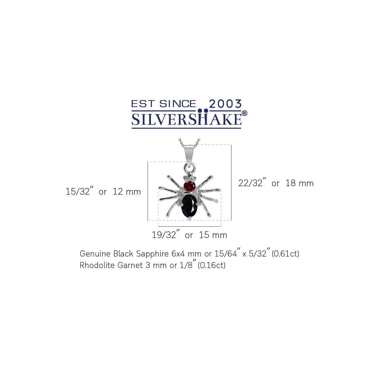 Petite Natural Black Sapphire and Rhodolite Garnet 925 Sterling Silver Spider Pendant with 18 Inch Necklace